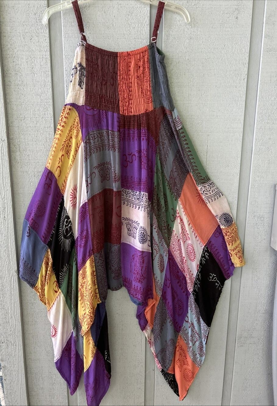 Vintage Womens Medium Patchwork Dress Colorful Hippie Boho Shirred Like Int READ